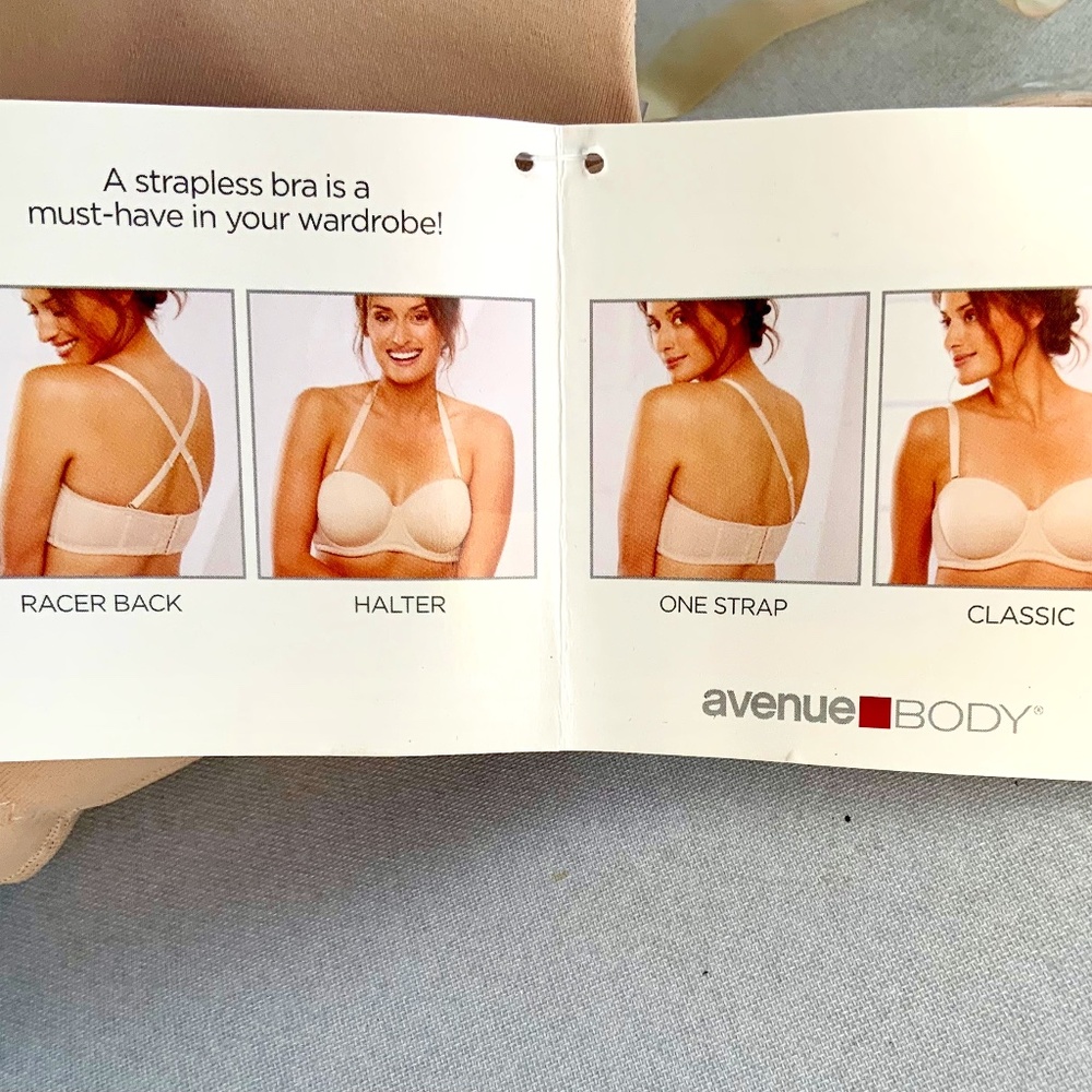 AVENUE BODY STRAPLESS CONVERTIBLE 42B UNDERWIRE NUDE BRA CLEAR & NUDE STRAPS NWT